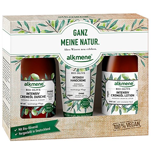 alkmene Trio-Set Bio Olive, Geschenkset mit Cremeöl Duschgel, Cremeöl Lotion und Handcreme für sehr trockene Haut - 1er Pack (1x1 Stück)